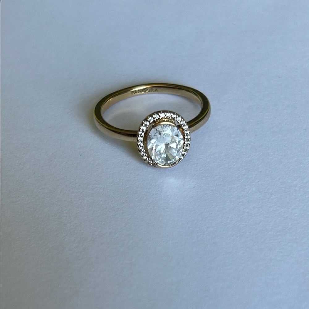 Pandora Gold Ring with Clear Center Stone and Halo